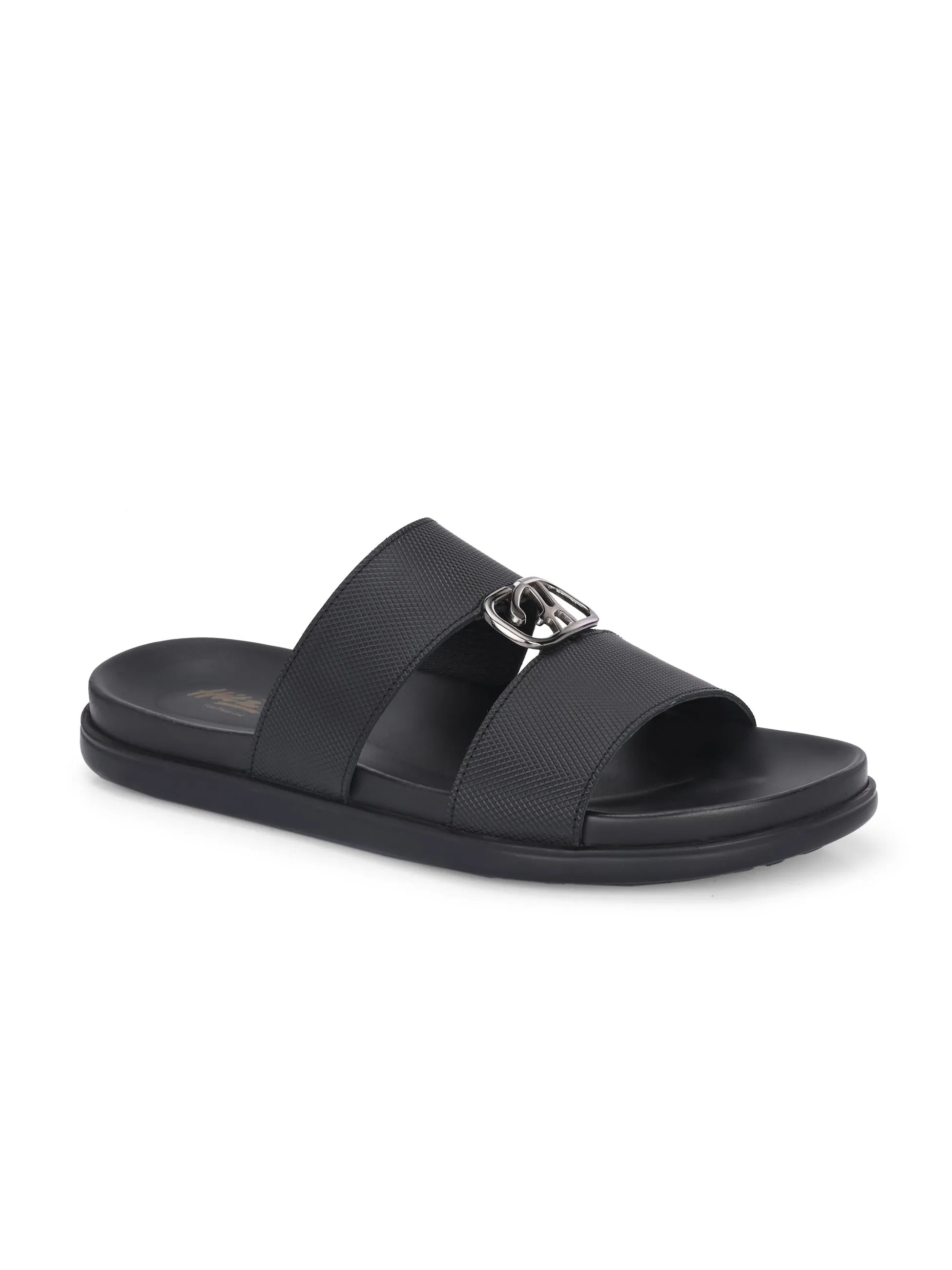 Hitz Men's Black Leather Casual Daily Wear Slipper