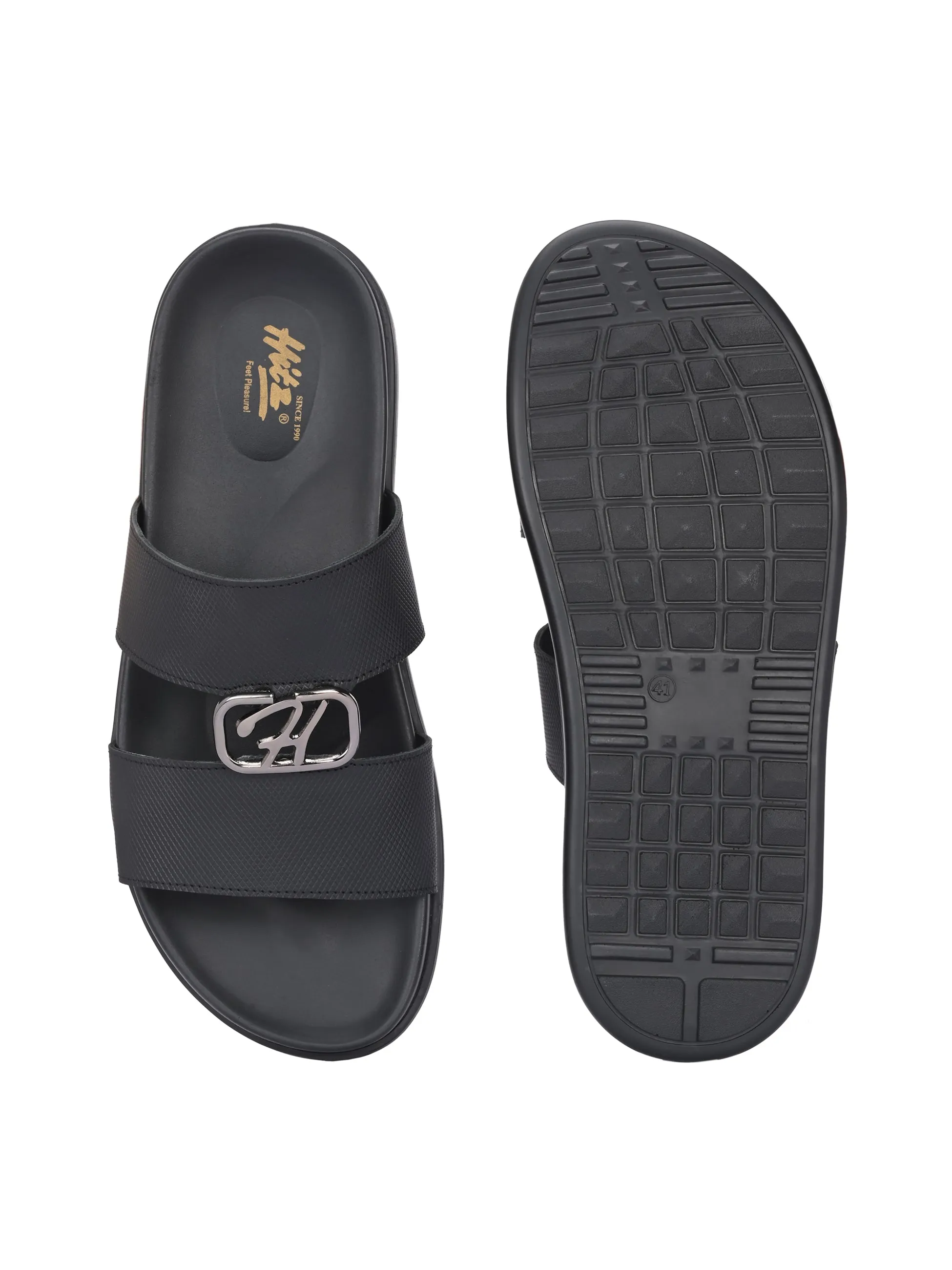 Hitz Men's Black Leather Casual Daily Wear Slipper