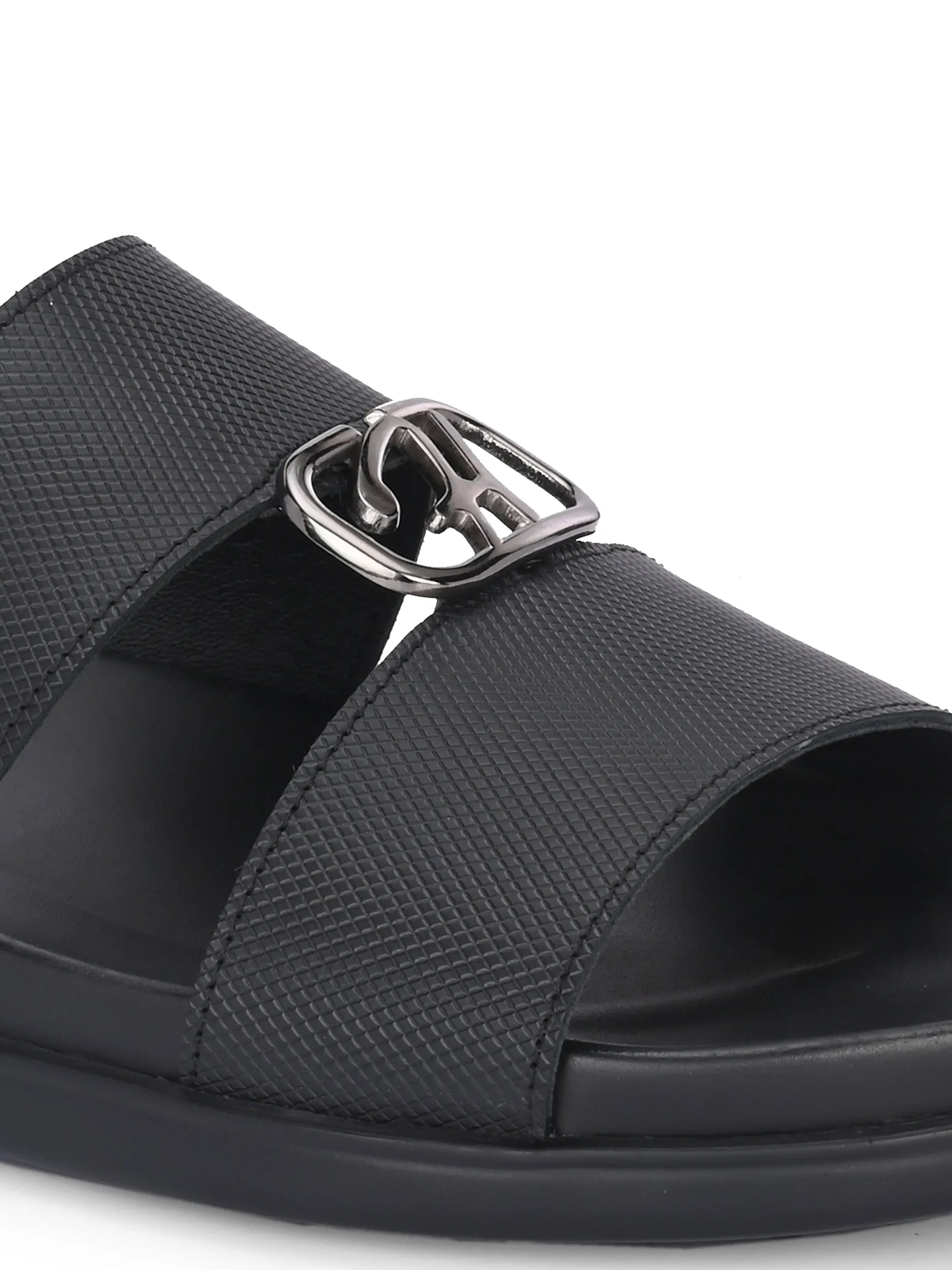 Hitz Men's Black Leather Casual Daily Wear Slipper