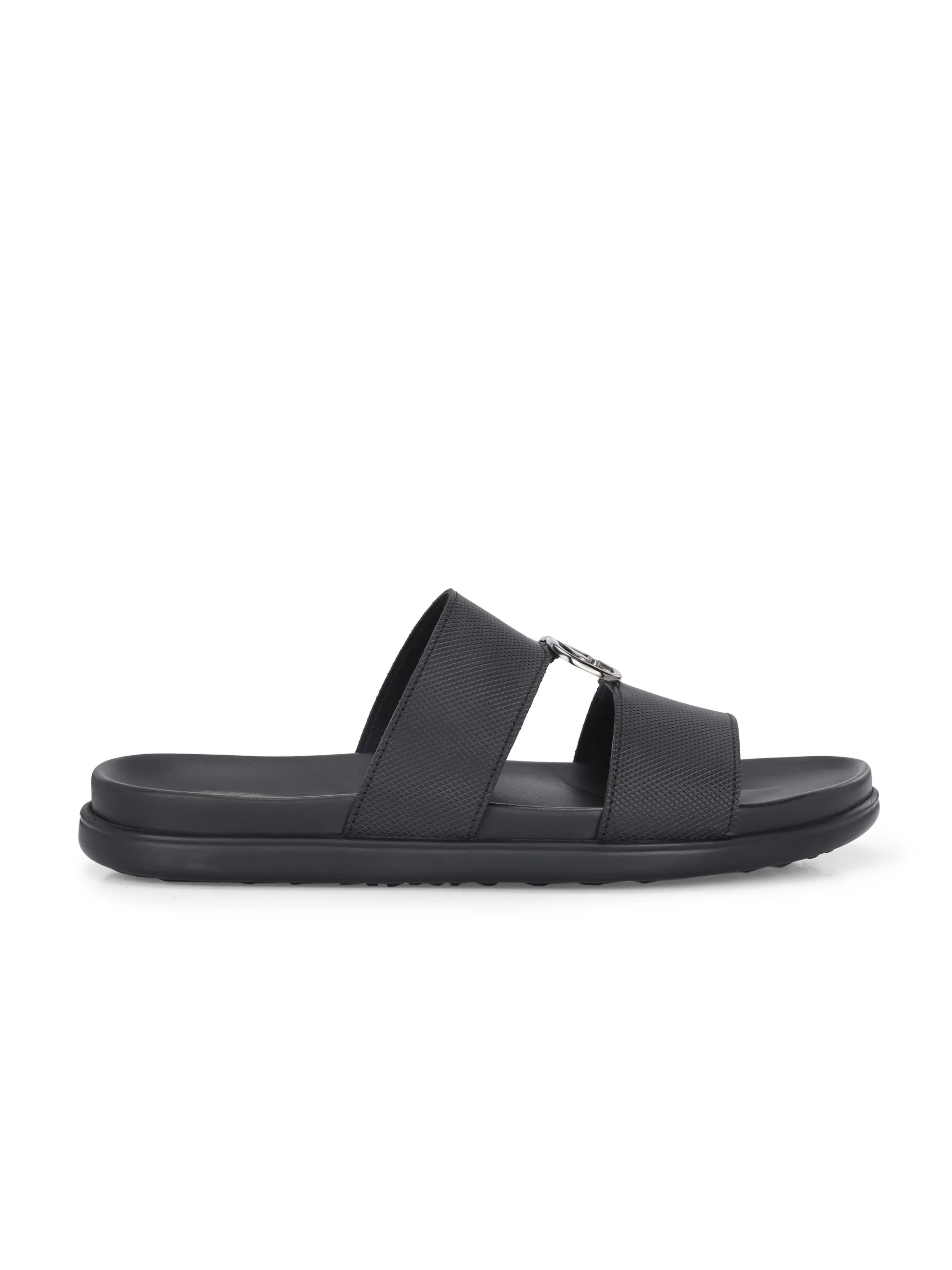 Hitz Men's Black Leather Casual Daily Wear Slipper