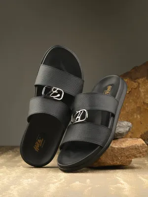 Hitz Men's Black Leather Casual Daily Wear Slipper