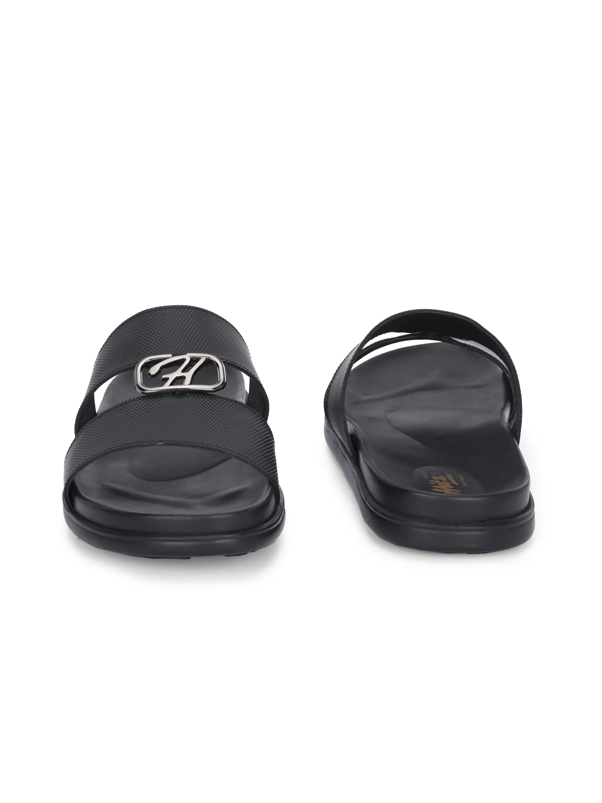 Hitz Men's Black Leather Casual Daily Wear Slipper