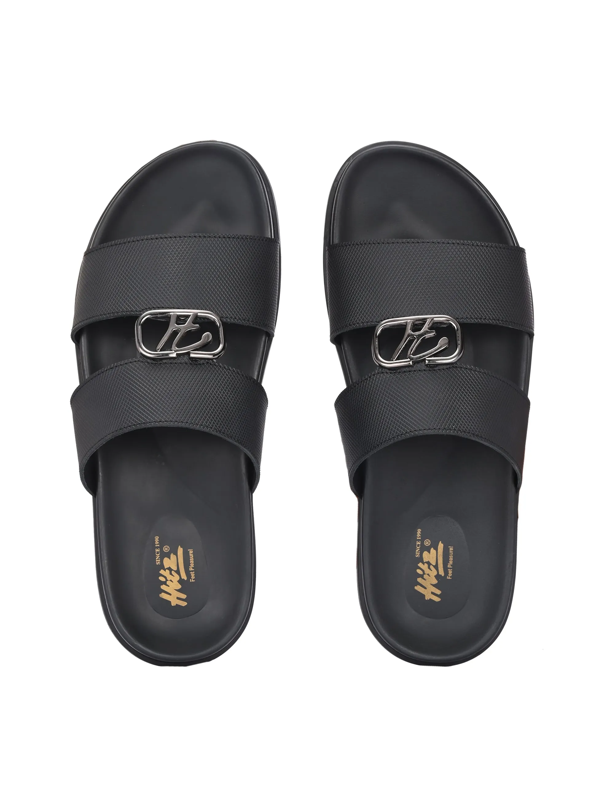 Hitz Men's Black Leather Casual Daily Wear Slipper