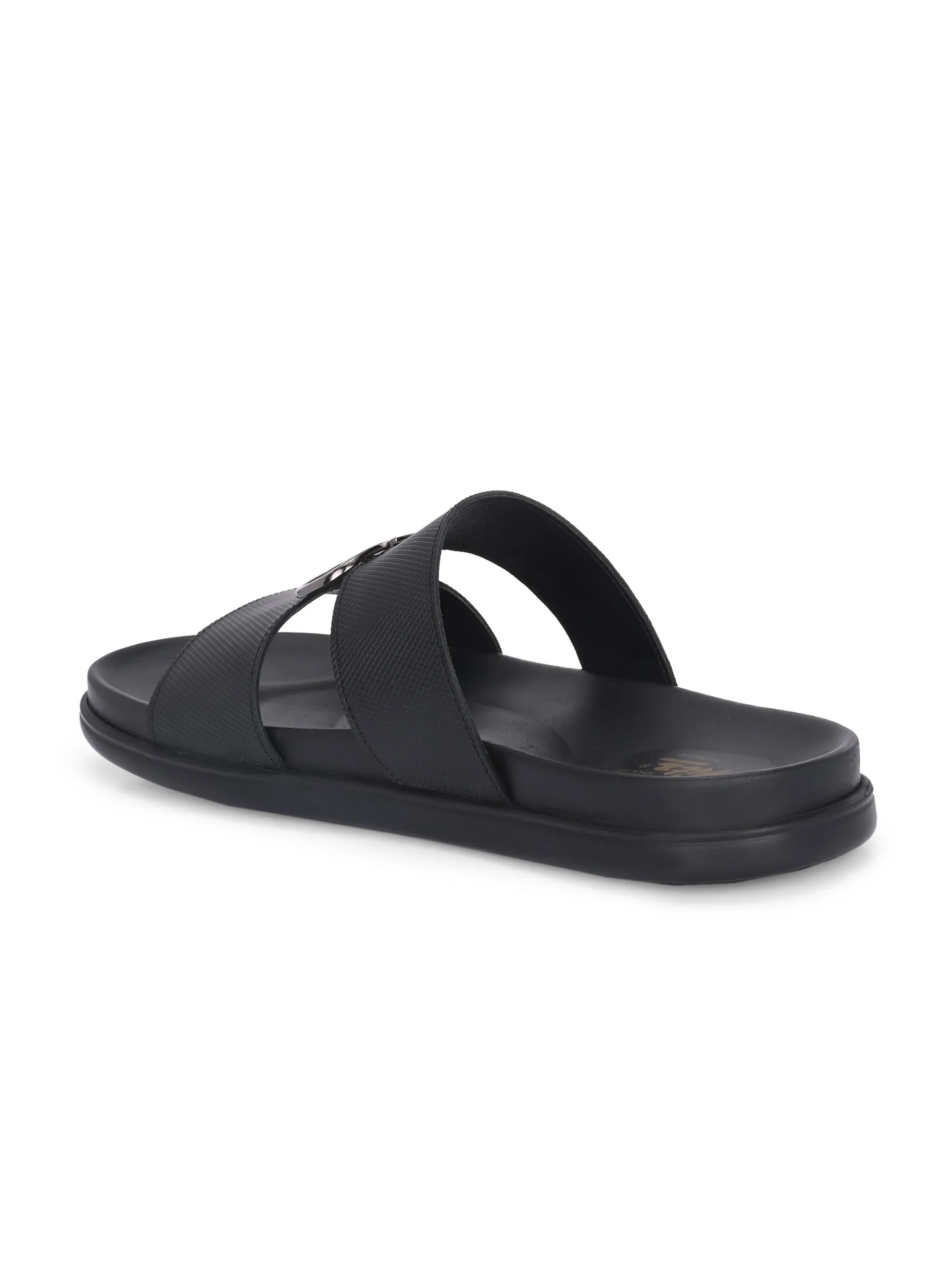 Hitz Men's Black Leather Casual Daily Wear Slipper