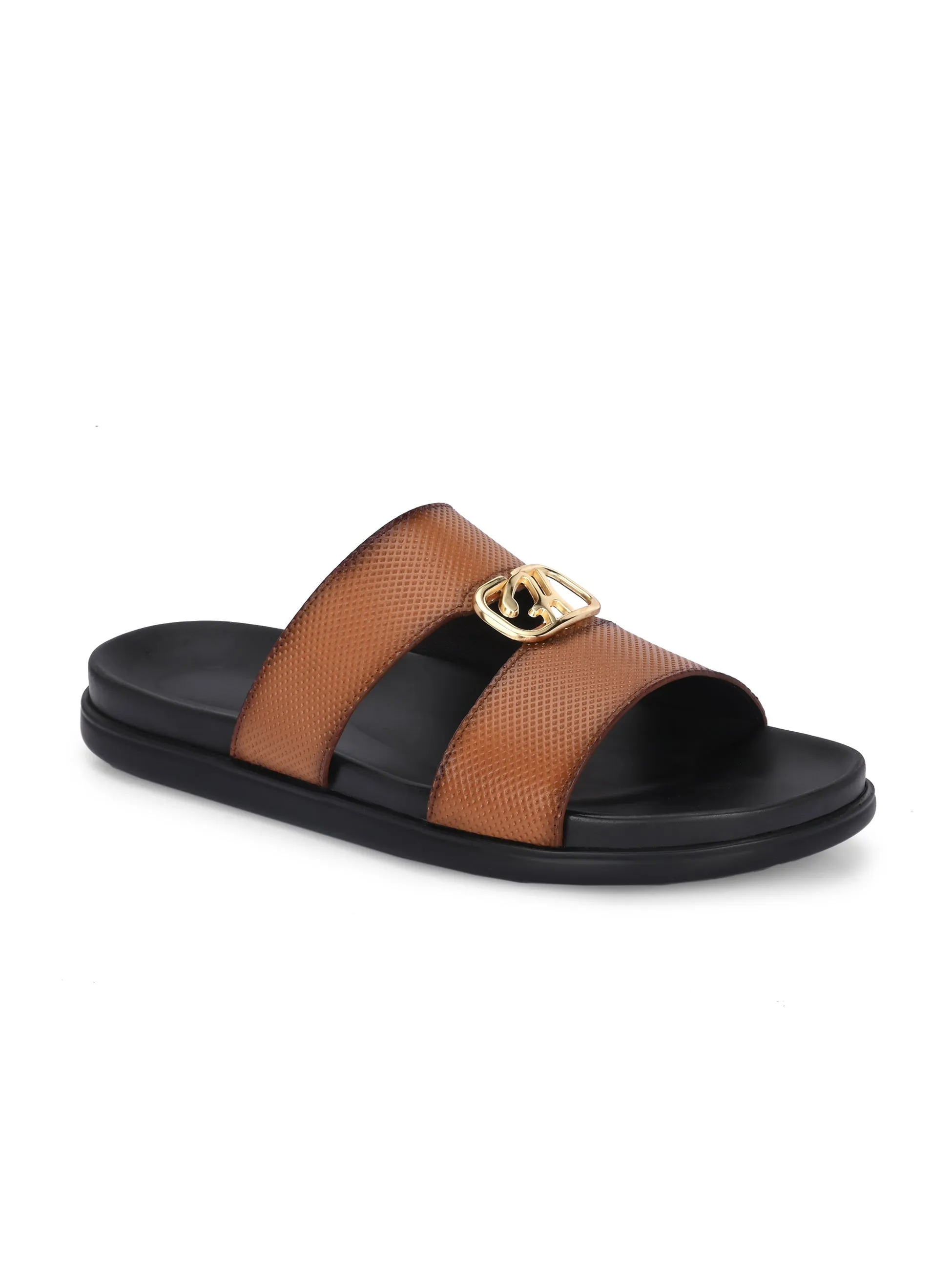 Hitz Men's Tan Leather Casual Daily Wear Slipper