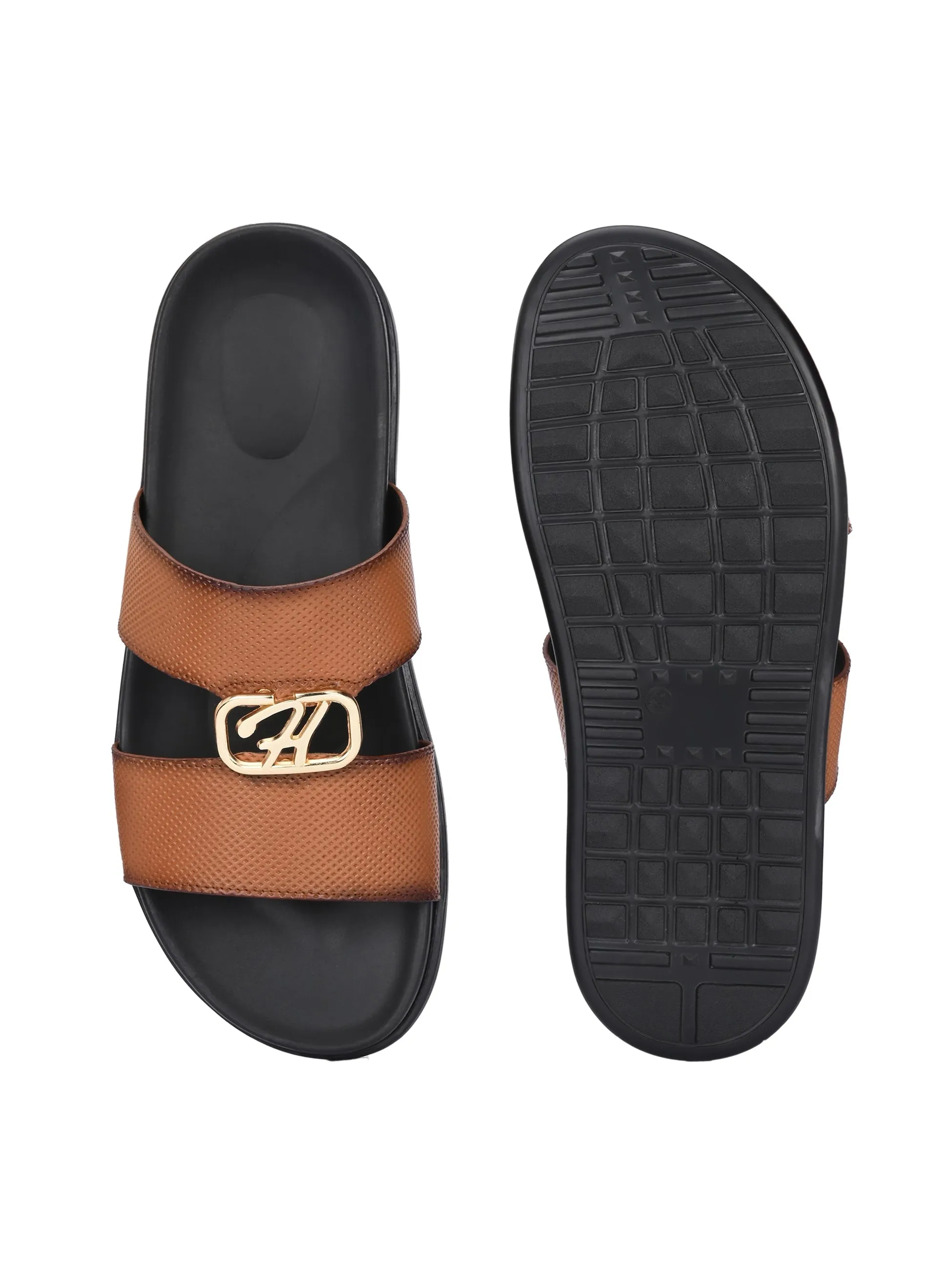 Hitz Men's Tan Leather Casual Daily Wear Slipper