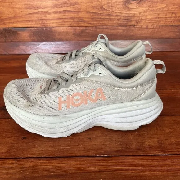Hoka One One Shoes Bondi 8 Running Comfort Athletic Gray Pink 8.5B