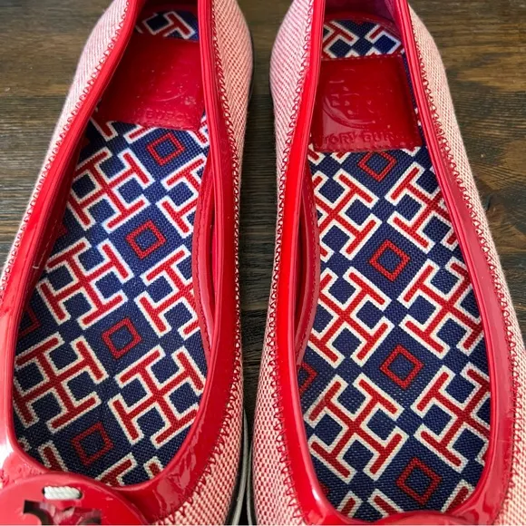 💕Host Pick💕Tory Burch Channing Red Patent Leather/Canvas Flats Hardly Used!