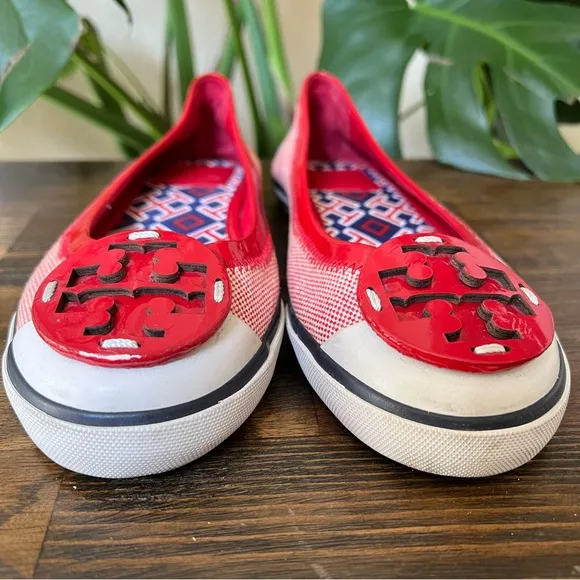 💕Host Pick💕Tory Burch Channing Red Patent Leather/Canvas Flats Hardly Used!