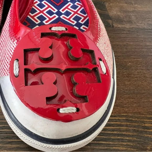 💕Host Pick💕Tory Burch Channing Red Patent Leather/Canvas Flats Hardly Used!