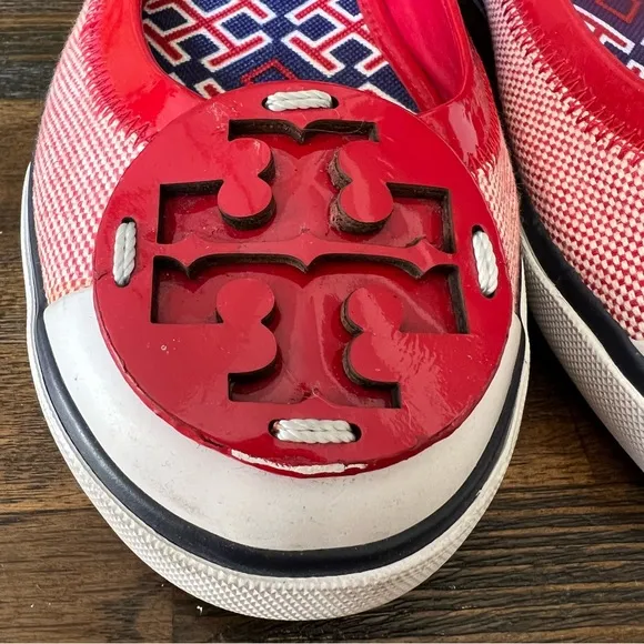 💕Host Pick💕Tory Burch Channing Red Patent Leather/Canvas Flats Hardly Used!