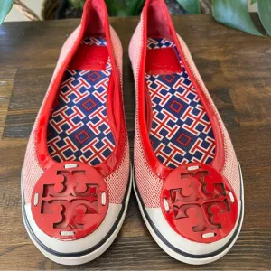 💕Host Pick💕Tory Burch Channing Red Patent Leather/Canvas Flats Hardly Used!