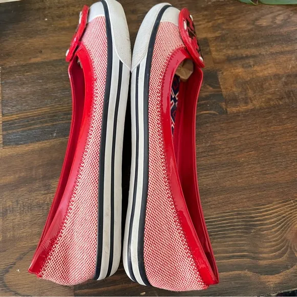 💕Host Pick💕Tory Burch Channing Red Patent Leather/Canvas Flats Hardly Used!