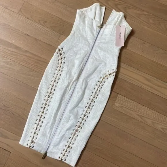 House of CB Alberta White Jacquard Strapless Dress