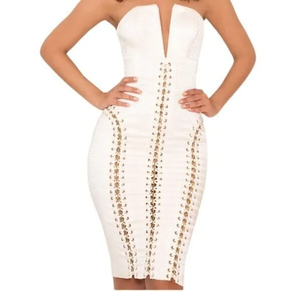 House of CB Alberta White Jacquard Strapless Dress