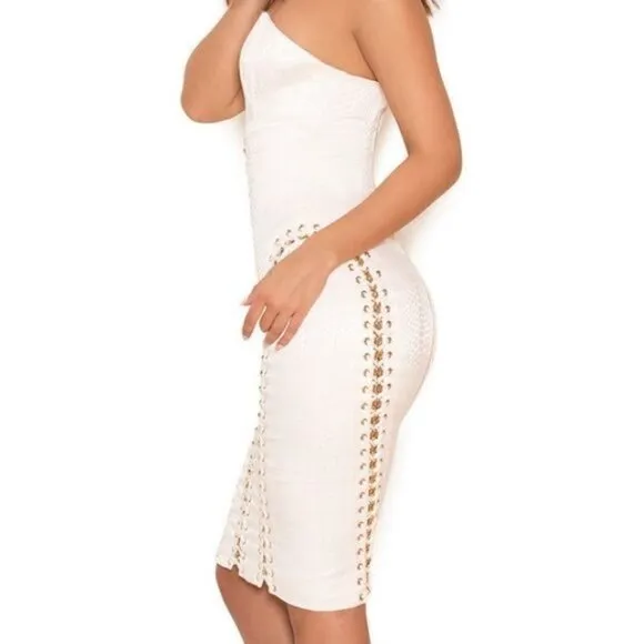 House of CB Alberta White Jacquard Strapless Dress
