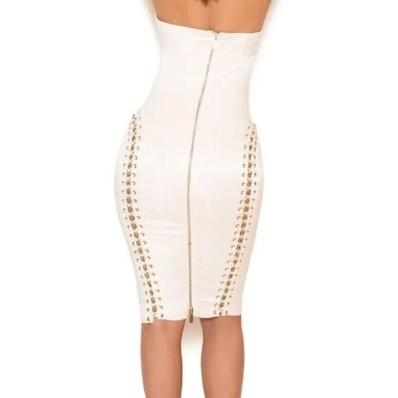 House of CB Alberta White Jacquard Strapless Dress