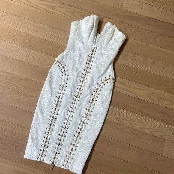 House of CB Alberta White Jacquard Strapless Dress