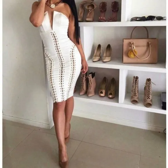 House of CB Alberta White Jacquard Strapless Dress