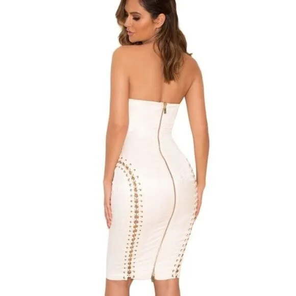 House of CB Alberta White Jacquard Strapless Dress