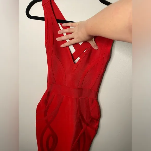 House of CB London Cici Red Bandage Bodycon Slim Fit Dress Deep Neckline Party