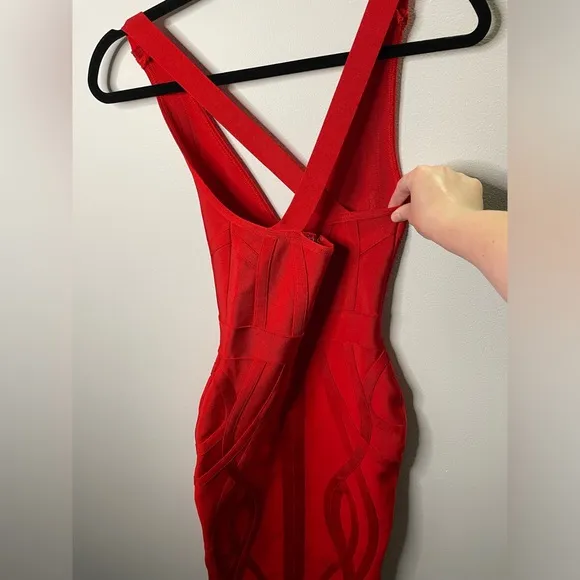 House of CB London Cici Red Bandage Bodycon Slim Fit Dress Deep Neckline Party