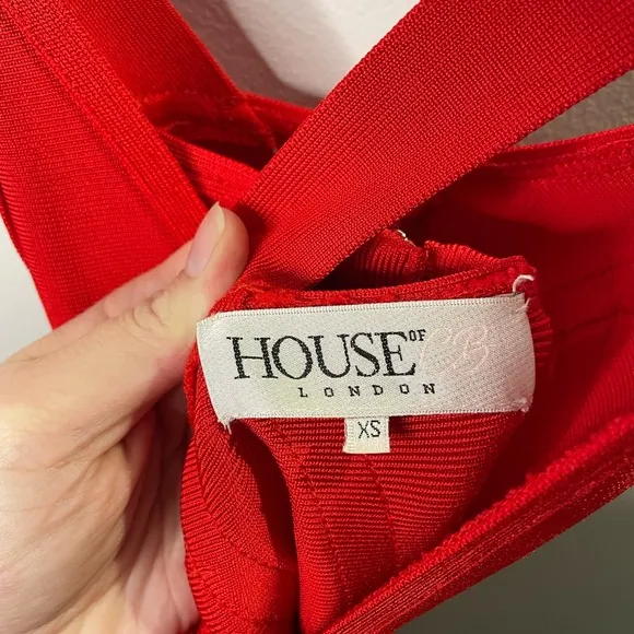 House of CB London Cici Red Bandage Bodycon Slim Fit Dress Deep Neckline Party