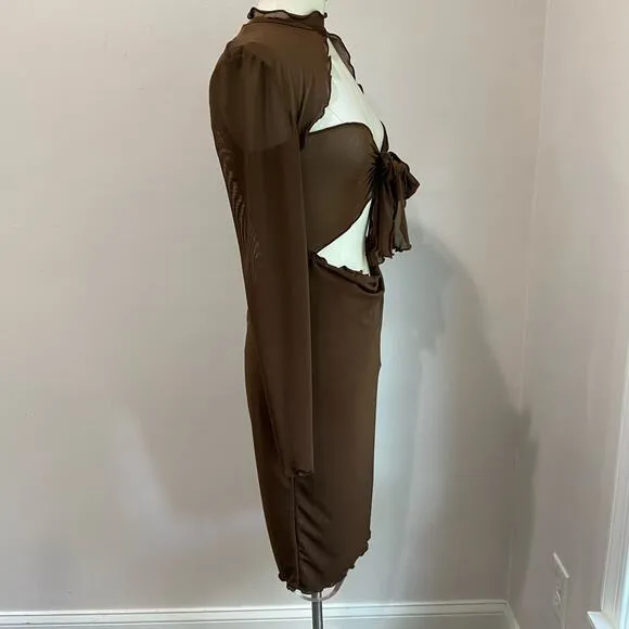 House of CB Natalia Chocolate Power Mesh Front Tie Midi Dress Size M