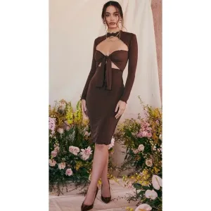 House of CB Natalia Chocolate Power Mesh Front Tie Midi Dress Size M