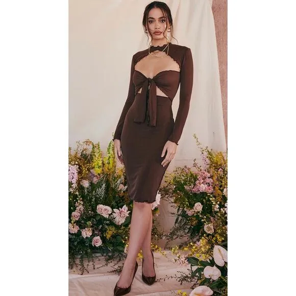 House of CB Natalia Chocolate Power Mesh Front Tie Midi Dress Size M