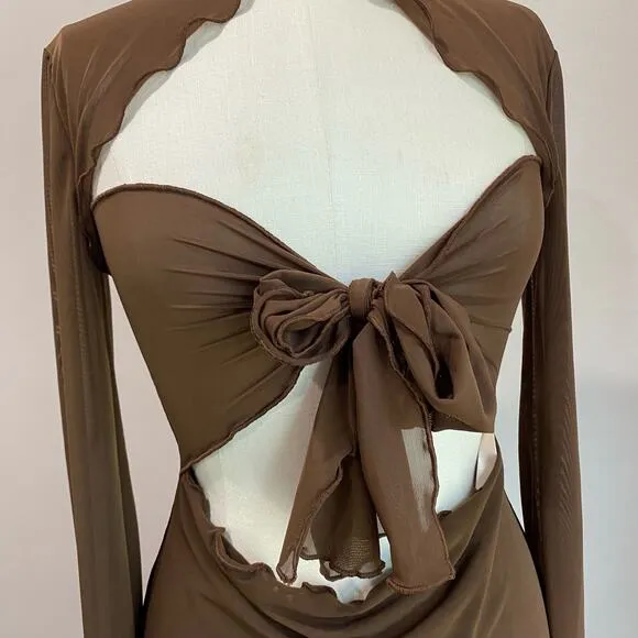 House of CB Natalia Chocolate Power Mesh Front Tie Midi Dress Size M