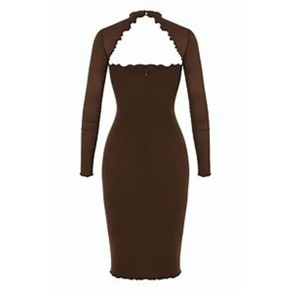 House of CB Natalia Chocolate Power Mesh Front Tie Midi Dress Size M