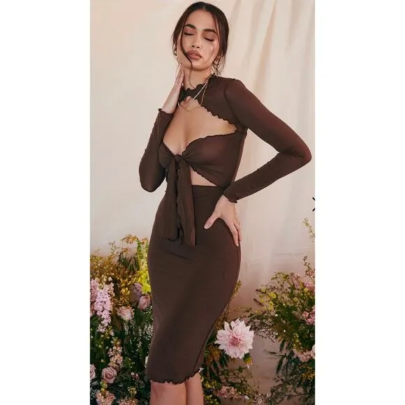 House of CB Natalia Chocolate Power Mesh Front Tie Midi Dress Size M