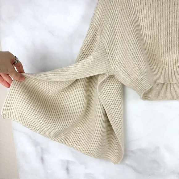 House of CB Zaria Open Bell Sleeve Ribbed Knit Cropped Sweater Top Oatmeal Tan S