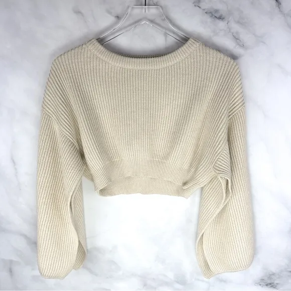 House of CB Zaria Open Bell Sleeve Ribbed Knit Cropped Sweater Top Oatmeal Tan S