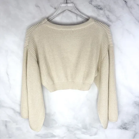 House of CB Zaria Open Bell Sleeve Ribbed Knit Cropped Sweater Top Oatmeal Tan S
