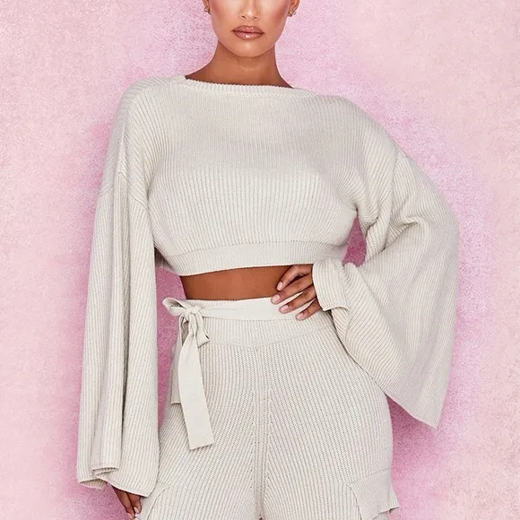 House of CB Zaria Open Bell Sleeve Ribbed Knit Cropped Sweater Top Oatmeal Tan S
