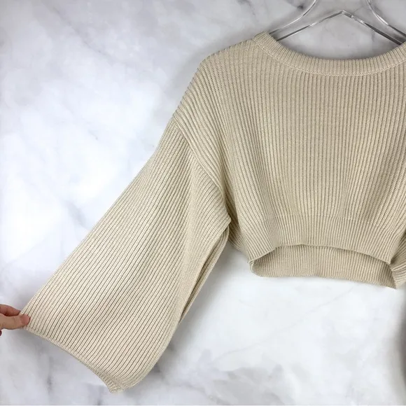 House of CB Zaria Open Bell Sleeve Ribbed Knit Cropped Sweater Top Oatmeal Tan S