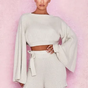 House of CB Zaria Open Bell Sleeve Ribbed Knit Cropped Sweater Top Oatmeal Tan S