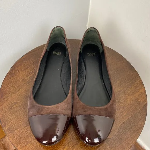Hugo Boss Brown Suede &amp;  Patent Leather Cap Toe Flat Shoes 8.5