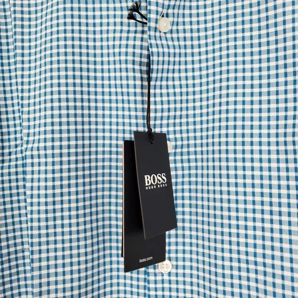 Hugo Boss Jason Slim Fit Easy Iron Check Dress Shirt in Aqua Neck Size 16 NEW