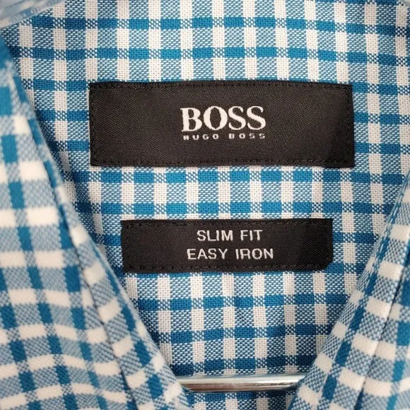 Hugo Boss Jason Slim Fit Easy Iron Check Dress Shirt in Aqua Neck Size 16 NEW