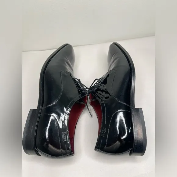 Hugo Boss Men’s Black PATENT-LEATHER OXFORD SHOES WITH LOGO Sz 7.5 retail 599