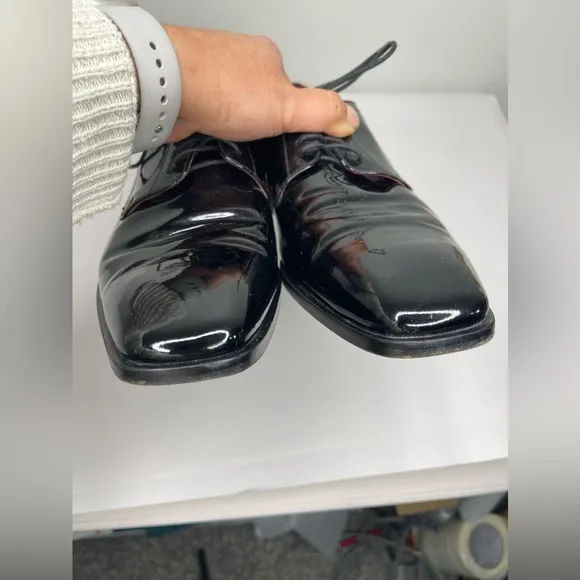 Hugo Boss Men’s Black PATENT-LEATHER OXFORD SHOES WITH LOGO Sz 7.5 retail 599