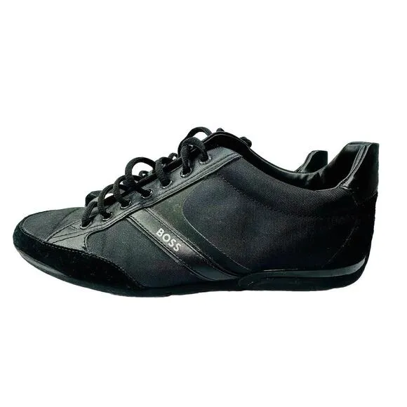 Hugo BOSS Men's Saturn Sneakers All Black Leather Low Top Shoes Sz 44 / US 11‎