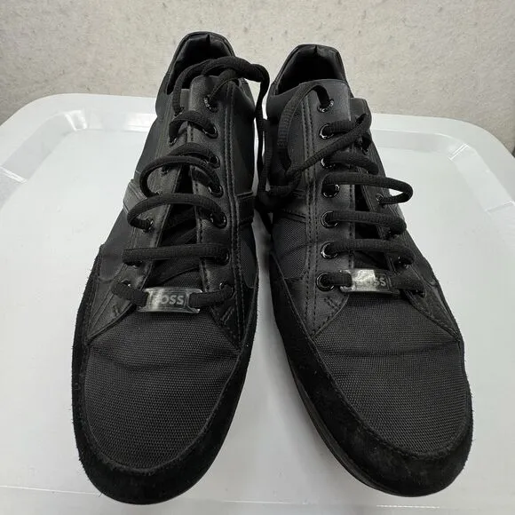 Hugo BOSS Men's Saturn Sneakers All Black Leather Low Top Shoes Sz 44 / US 11‎