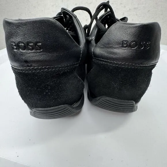 Hugo BOSS Men's Saturn Sneakers All Black Leather Low Top Shoes Sz 44 / US 11‎
