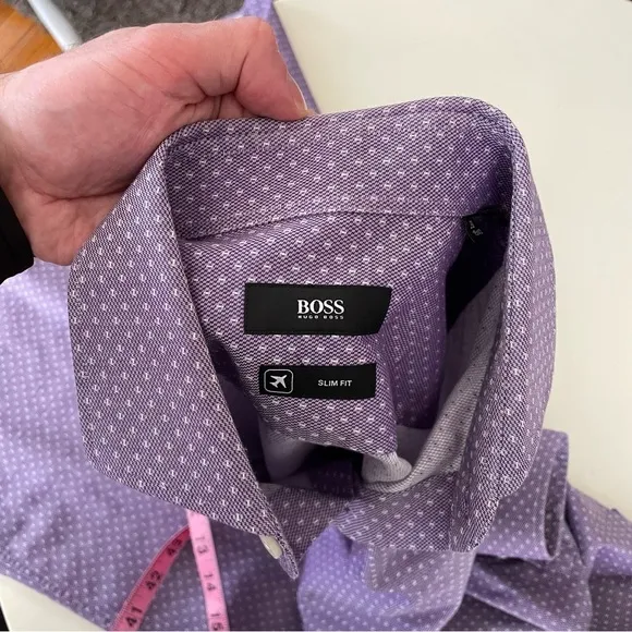 Hugo Boss Men’s Slim Fit Geometric Print Dress Shirt Purple Neck 15.5”