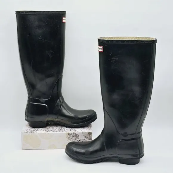 Hunter Original Gloss Tall Rain Boots Womens 9 Mens 8 Black Waterproof Outdoor