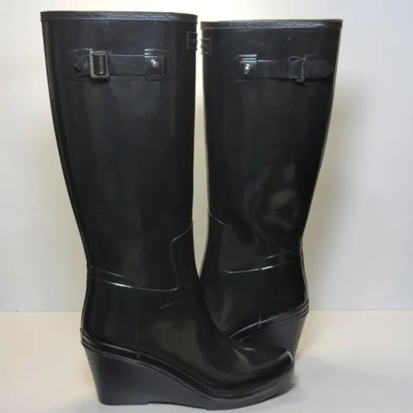 Hunter original refined mid wedge gloss tall rain boots women's size 8 EU 39